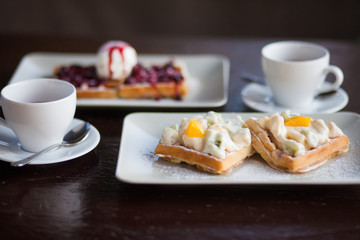 Breakfast for two, waffles and tea