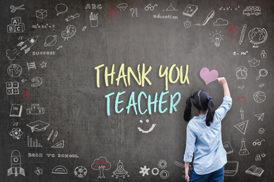 Thank You Teacher greeting for World teacher's day concept with school student back view drawing doodle of of learning education graphic freehand illustration icon on black chalkboard