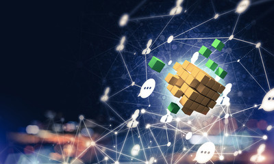 Concept of Internet and networking with digital cube figure on d