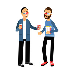 Two friends in 3d glasses with popcorn and soda standing in the cinema vector Illustration