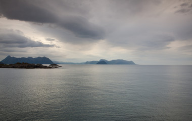 Dramatic sunset on the coast in Laukvik, Norway