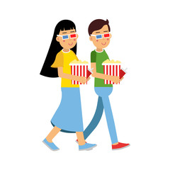 Happy couple in 3d glasses with popcorn going to the cinema vector Illustration