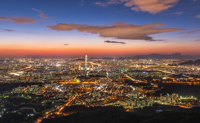 landscape of Seoul city skyline at night in Korea.