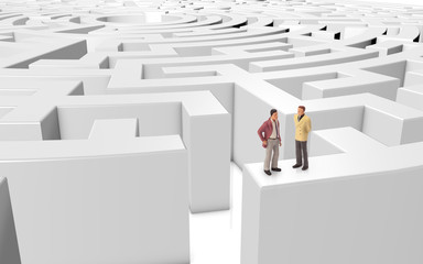miniature people meeting on a maze