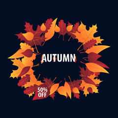 Autumn Background with leaves for shopping sale or promo poster and frame leaflet or web banner. Vector illustration template.