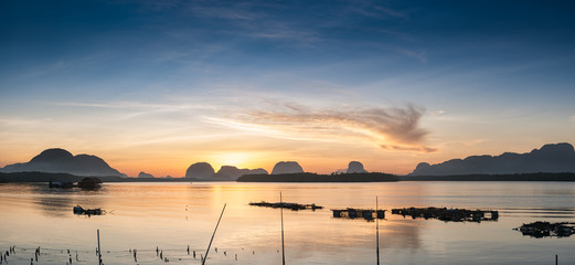Panorama: Beautiful sunrise at Samchong-tai in Phang-Nga,Thailand.