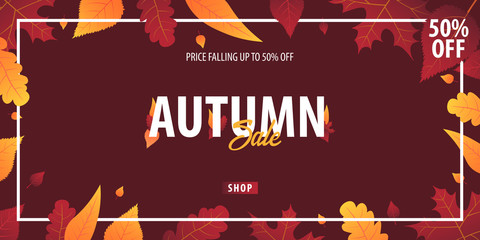 Obraz premium Autumn Background with leaves for shopping sale or promo poster and frame leaflet or web banner. Vector illustration template.