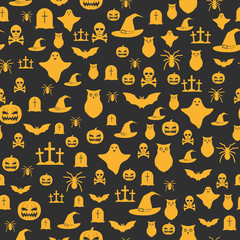 Seamless pattern of Halloween orange silhouettes on a black back