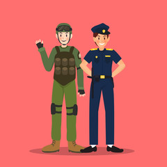 Soldier and police in different character on red background