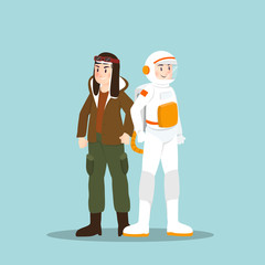 Pilot and astronaut in different character on sky blue background