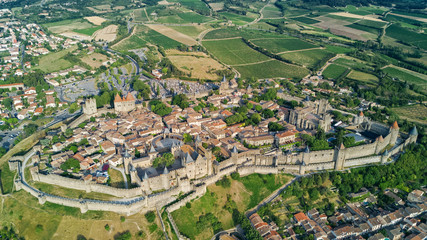 Aerial top view of Carcassonne medieval city and fortress castle from above, Sourthern France
