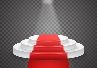 Illustration of Vector Podium Template. 3D Realistic Vector Winner Podium with Red Carpet and Bright Light