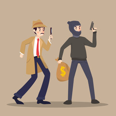 Detective and thief in different character on brown background