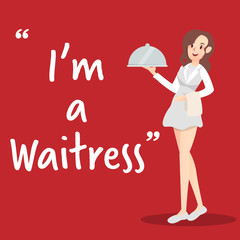 Waitress character with tray on red background