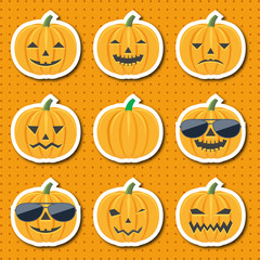 Set of colorful cartoon icons of emotional, smiling pumpkins