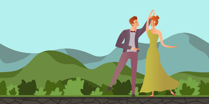 Young couple in love. Man and woman dancing ballroom dance in the mountain landscape. Vector illustration.