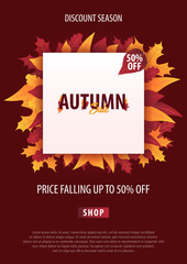 Autumn Background with leaves for shopping sale or promo poster and frame leaflet or web banner. Vector illustration template.