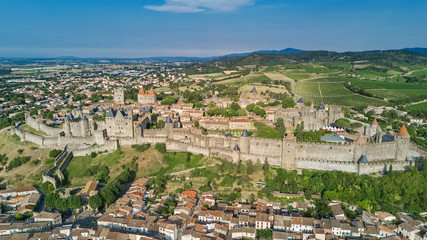 Fototapeta na wymiar Aerial top view of Carcassonne medieval city and fortress castle from above, Sourthern France 