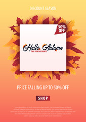 Autumn Background with leaves for shopping sale or promo poster and frame leaflet or web banner. Vector illustration template.