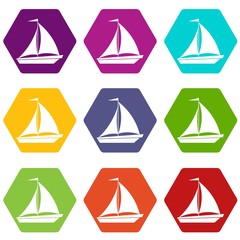 Boat with sails icon set color hexahedron