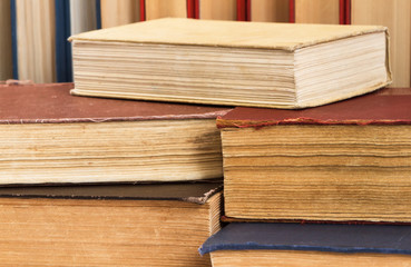 Lot of books on the table in the library