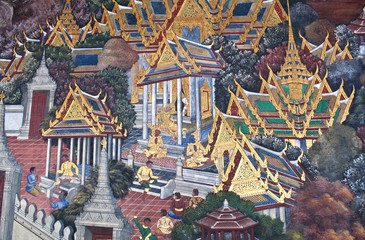 Ancient painted fresco on a temple wall in Wat Phra Kaew in Bangkok, Thailand