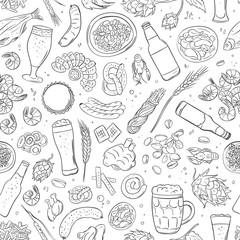 Seamless hand drawn pattern with Beer attributes. Beer theme for greeting card, wrapping paper, textiles, menu, restaurant. Vector illustration.