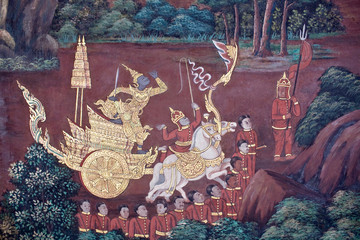 Ancient mural painting in Wat Phra Kaew Temple in Bangkok, Thailand