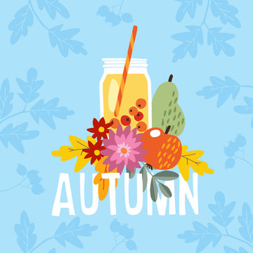 Hand drawn autumn party greeting card, invitation with cocktail drink in a glass jar. Apple, pear fruit and berries and mums flowers and colorful leaves. Fall concept. Vector illustration, web banner.