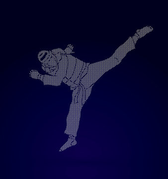 Taekwondo jump kick action with guard equipment designed using dots pixels graphic vector.