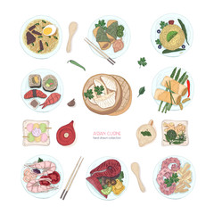 Collection of hand drawn colorful dishes of Asian cuisine isolated on white background. Delicious meals and snacks, traditional food of Asia - ramen noodles, dumplings, sushi. Vector illustration.