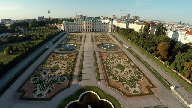 Aerial view. Vein. Vienna. Wien. Belvedere. The palace complex. Austria. Shot in 4K (ultra-high definition (UHD)).
