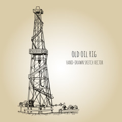 Rig for exploration and drilling wells for oil production. Hand drawn sketch vector illustration.