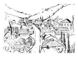 Sketch of mountain landscape with Georgian town hand drawn in black and white colors. Beautiful monochrome drawing with buildings and streets of small city located between hills. Vector illustration.