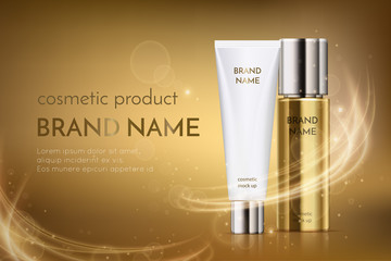 A beautiful cosmetic ads template, golden bottle hair oil with white cosmetic tube design on a gold shiny background with bokeh and lighting flare effect
