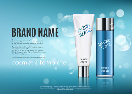 A beautiful cosmetic ads template, blue jar with white cosmetic tube design for moisturizing cream on a blue shiny background with water bubbles. Modern skin care illustration