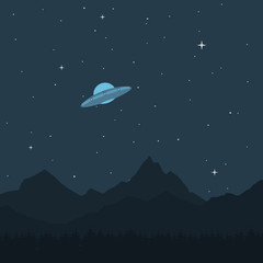 UFO. A spaceship in the background of a mountain