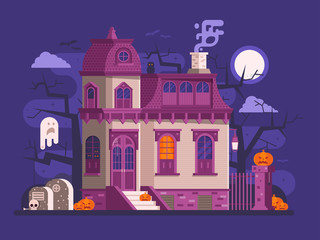 Halloween ghost house scene with victorian haunted mansion entrance, old cemetery, spooks and pumpkins by full moon night. Horror story or scary tale concept vector illustration banner or background.