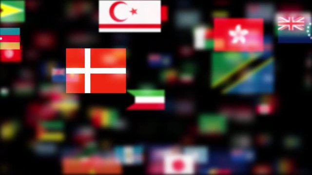 The camera flies through a flag on black background. Several flags clusters fly past, and flags of different countries can be seen in the middle. Computer animated. 3d render.