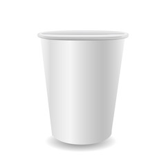 Realistic paper coffee cup on white background.