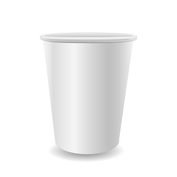 Realistic paper coffee cup on white background.