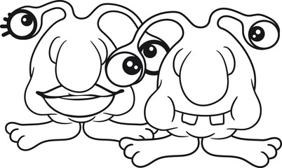 paar pärchen liebe verliebt 2 freunde team mädchen frau weiblich schön hübsch hässlich monster augen fühler lustig klein alien monster hässlich horror ausserirdischer halloween comic cartoon