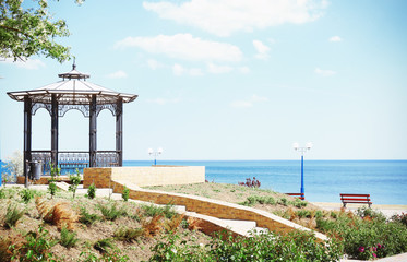 Landscape of beautiful green park at resort on sunny day