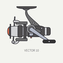 Line flat color vector fisher and camping icon fishing reel. Fisherman equipment. Retro cartoon style. Holiday travel. Spinning. Boat. Nature. Illustration and element for your design and wallpaper.