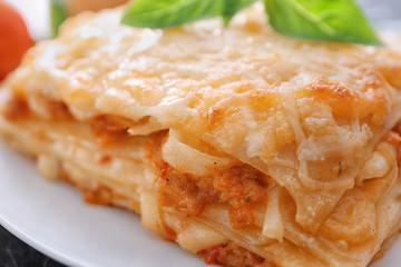 Plate with tasty lasagna, close up