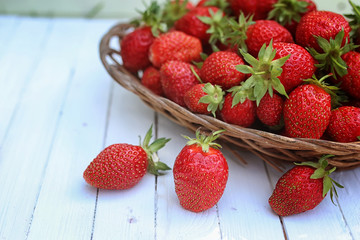 Strawberry on wicker bag outdoor