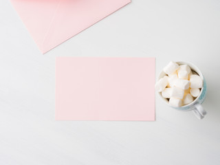 Blank pink paper card for Valentine's or mother woman day. Wedding baby birthday romantic date invitation