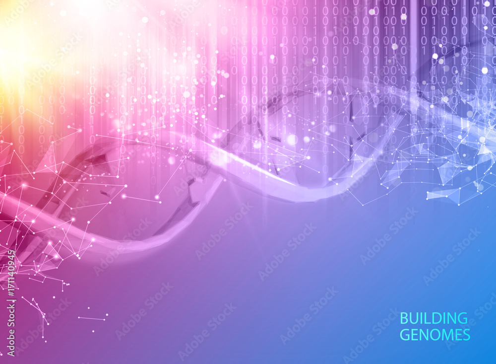 Poster Scince illustration of bigdata with DNA molecule. Abstract binary code in matrix style over violet background. Dna bigdata visualization. Vector illustration.