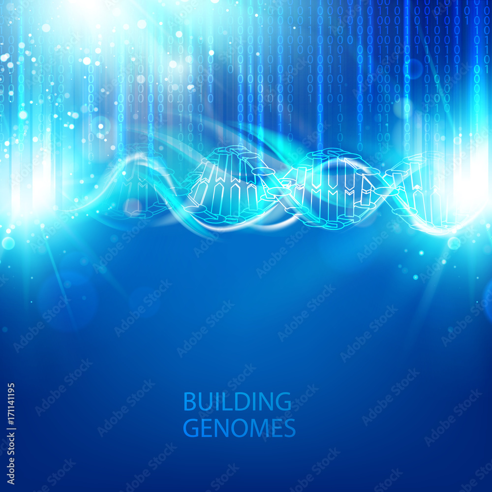 Poster Abstract binary code on blue background of Matrix style. Science concept of DNA illustration with bigdata visualization. Vector illustration.