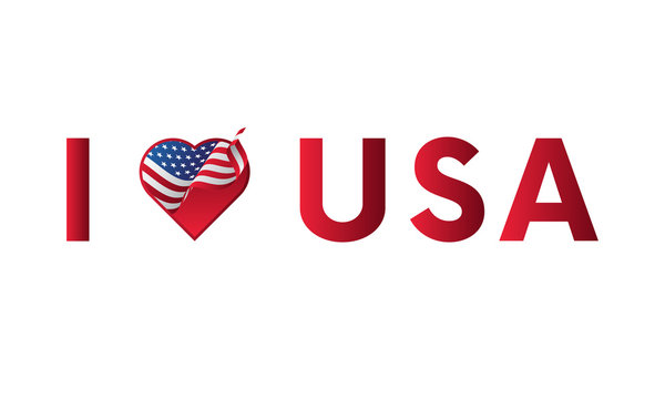 I love USA sticker slogan vector design with heart and waving flag icon.